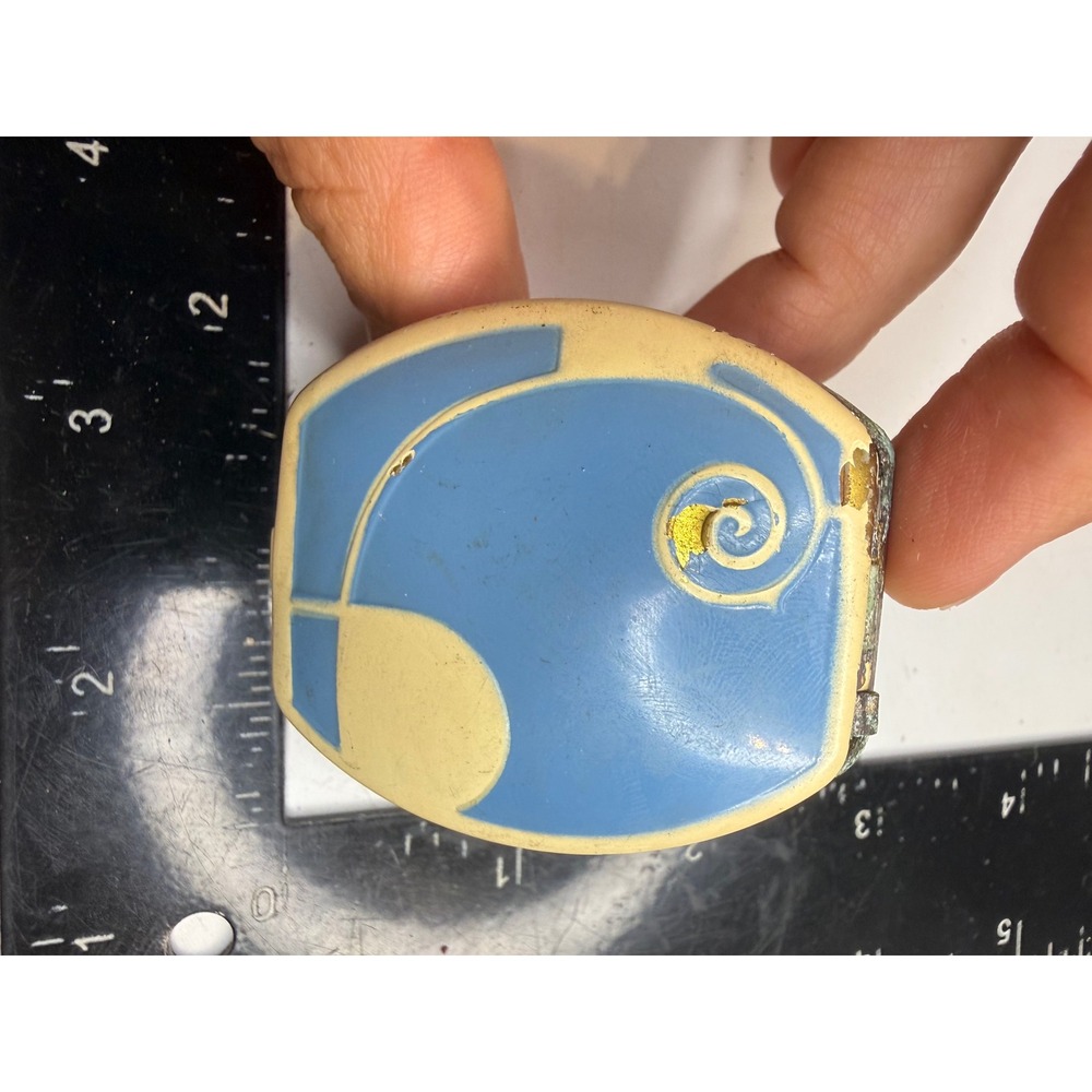 Vintage Art Deco Enamel Compact Blue Cream Swirl Geometric Metal Powder Case